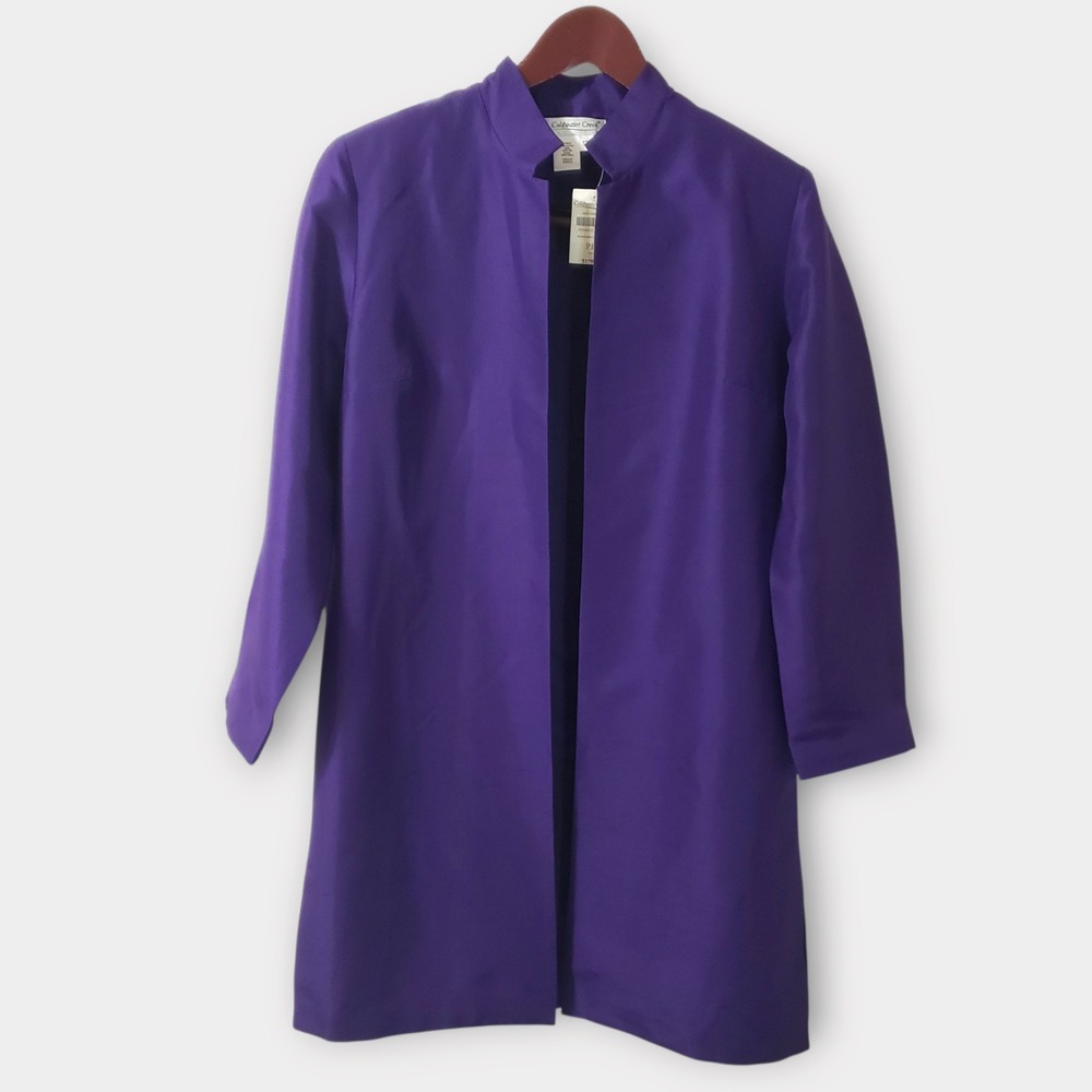 NWT Coldwater Creek Purple 100% Silk Mandarin Collar Jacket Coat Open Front 12P